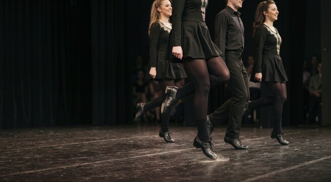 Irish dance hard shoes on wooden floor. Traditional dance footwear