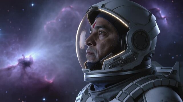 Spotting purple nebula, astronaut turning head in space, in white EVA suit with visor, copy space