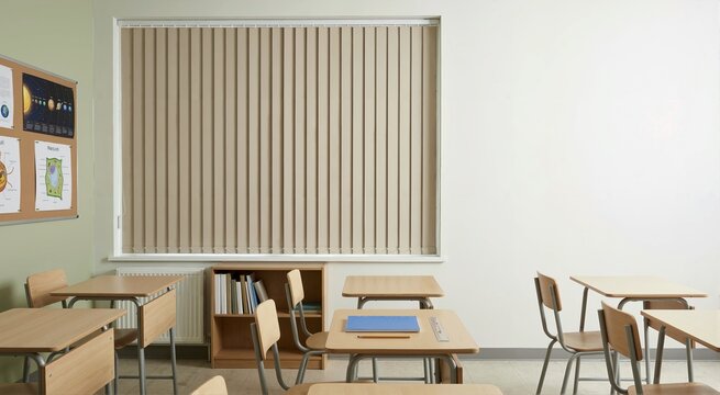 Classroom window blinds closed