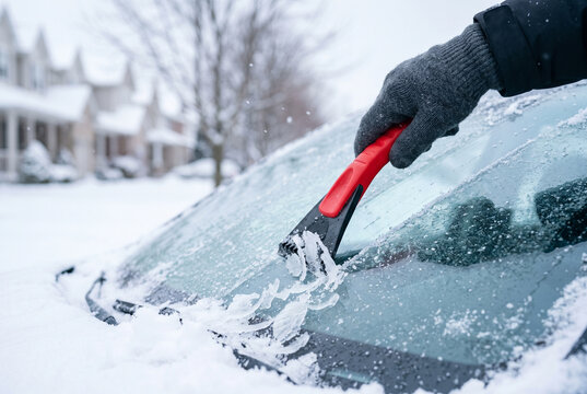 Hand using an ice scraper to remove snow from a car windshield  