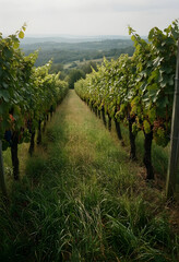 Fototapeta premium Viticulture and sustainable agriculture, rows of grapevines in a vineyard with lush green grass and rolling hills in the background during harvest season