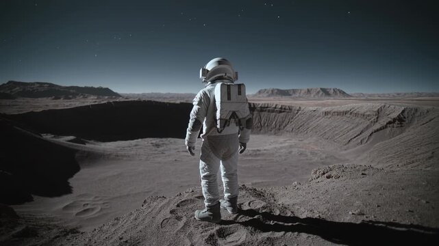 Panning camera showing astronaut in white pressurized suit surveying crater rim
