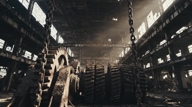 Abandoned heavy machinery and large rusted gears sitting silently inside a dark and cavernous industrial factory.
