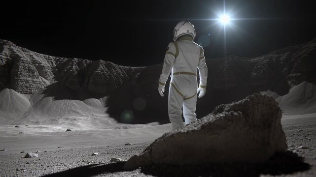 Walking astronaut in white suit prompted by bright light, scanning crater plain
