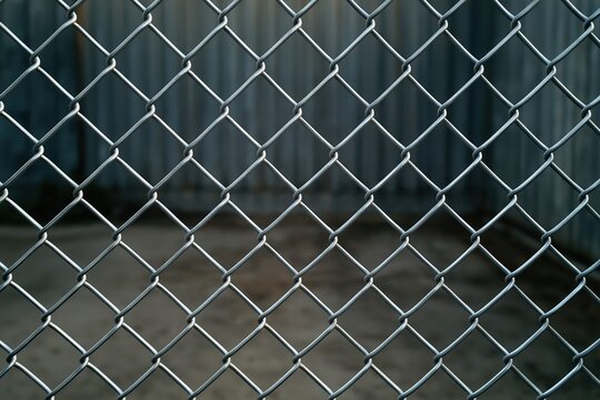Close up view of a metallic chain link fence texture with a repeating diamond pattern background