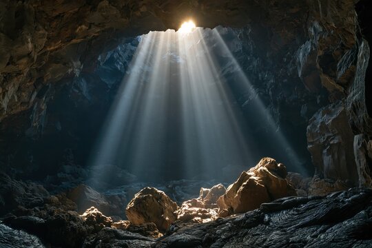 Sunlight streaming through a skylight opening into a dark volcanic lava tube cavern interior