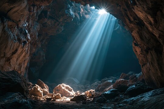 Sunlight streaming through a skylight opening into a dark volcanic lava tube cavern interior