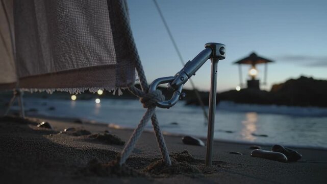 Pulling camera showing swivel shackle securing rope to metal stake on beach at dusk, anchoring sail