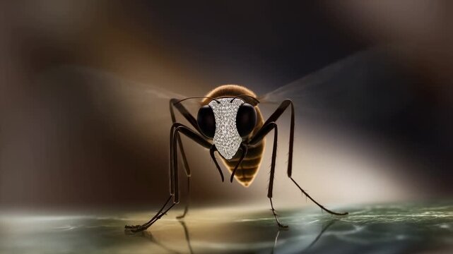 Cartoon mosquito flying over reflective water surface with soft lighting with mosquito mid flight