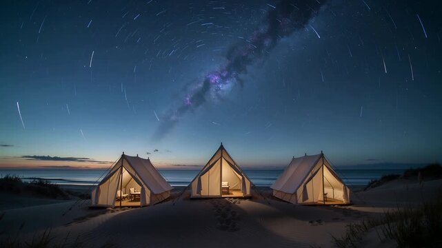 Camera timelapse capturing three Aframe tents glowing on dune at night, showing Milky Way motion