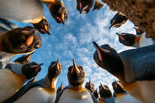 Low angle view of a curious king penguin colony looking down from a bright blue cloudy sky