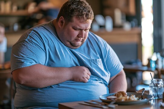 Overweight man sitting at a restaurant table feeling physical discomfort after eating a meal