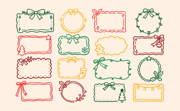 colorful hand drawn Christmas border frames vector set for festive gift tags, labels, greeting cards, and holiday decoration