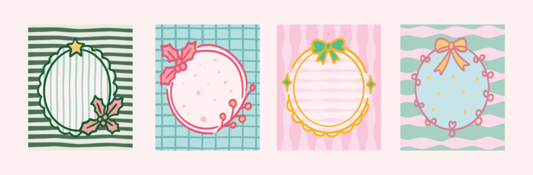 pastel Christmas round card vector set with pattern backgrounds for holiday gift tags, badges, and labels