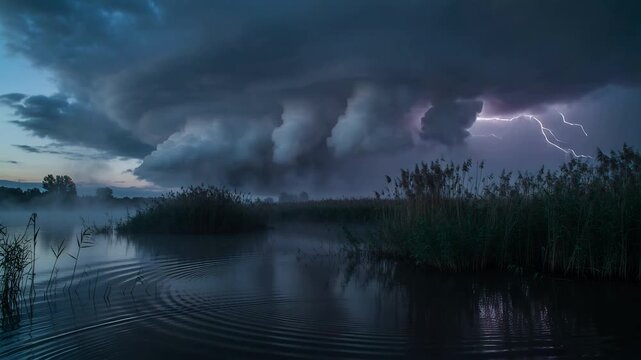 Charging layered thundercloud releasing lightning over marsh at dusk, creating mist reflections