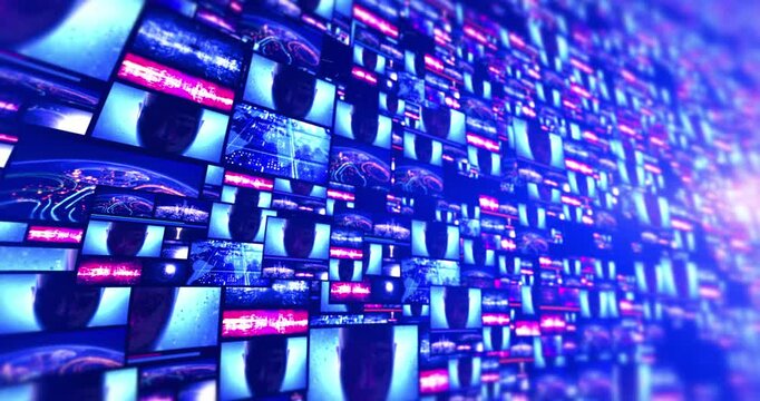 Futuristic video wall background graphic with glowing pixel panels and abstract communication data loops.