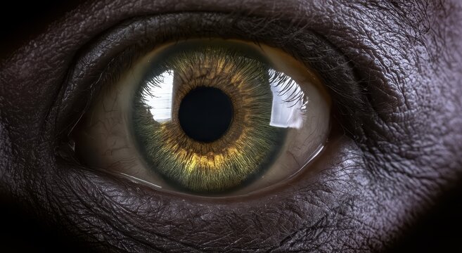 Extreme close-up of a human eye with green and brown iris