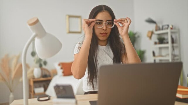 Young arab woman in glasses adjusts eyeglasses and types on laptop at a home desk with lamp smartphone and shelf in a studio; focused productivity.
