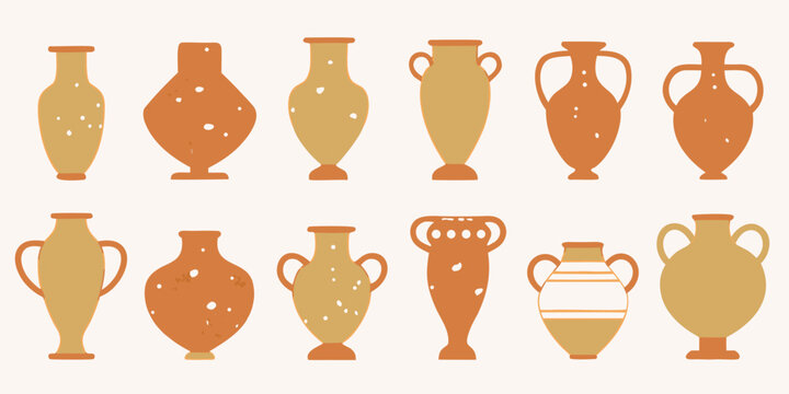Collection of ancient pottery amphorae flat vector illustrations with textured surfaces