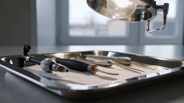 Illuminating steel tool tray, lamp moving closer and tilting in dental room over handpiece for prep