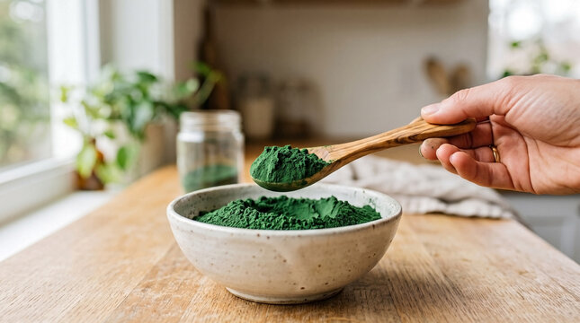 Hand holding a wooden spoon with green spirulina powder over a ceramic bowl. Measuring natural organic superfood supplement in the kitchen. Healthy vegan diet and detox concept