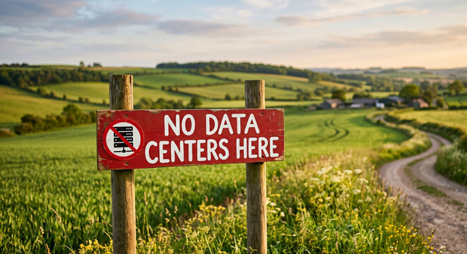 Wooden-post roadside sign at the edge of a green farmland field. The red rectangular board reads "NO DATA CENTERS HERE" in bold white text, bathed in warm, photorealistic golden-hour light.