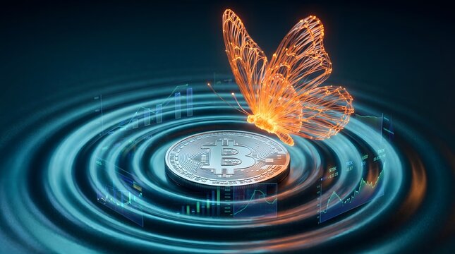 Bitcoin cryptocurrency transformation concept with glowing digital butterfly and financial trading charts on water ripple