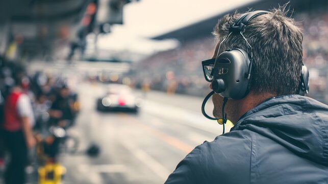 Race engineer wearing a headset watching the competition from the pit lane during a motorsport event