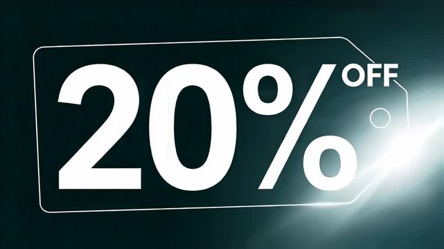 Bold 20% off discount tag animation on a dark teal background with subtle light shimmer, ideal for retail sales, ecommerce promotions, advertising and special offers.