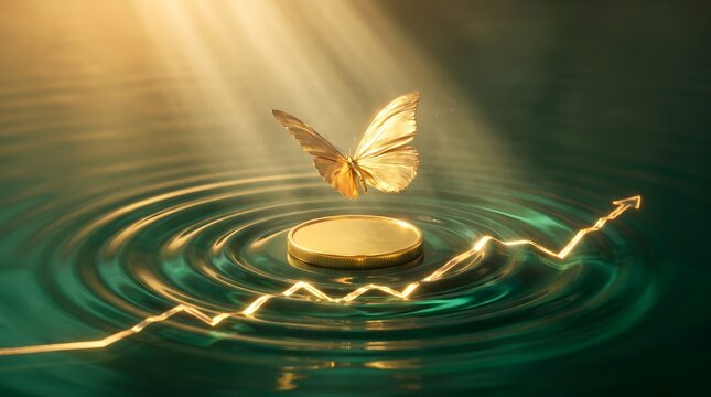 Golden investment prosperity concept showing flying gold butterfly above coin with rising stock market trend line
