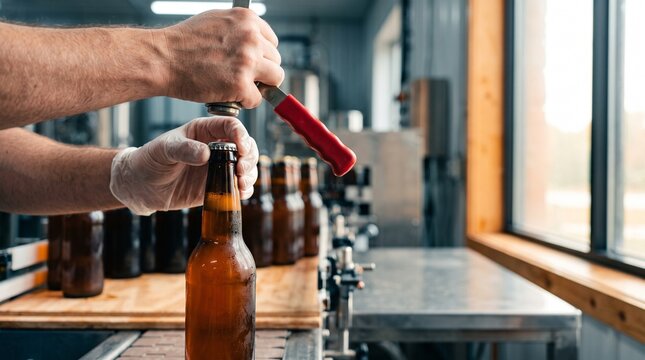 manual bottle capping process in craft brewery production line