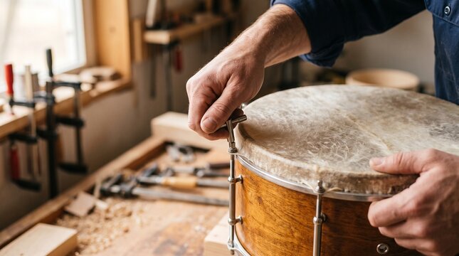 Craftsman tuning a handmade wooden drum in workshop