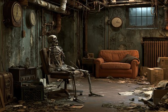 A human skeleton sitting in a chair within a dark and decaying abandoned basement interior scene