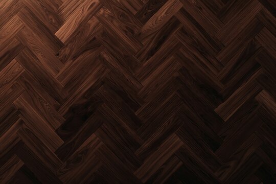 Dark brown wooden parquet flooring with a herringbone pattern and warm directional lighting