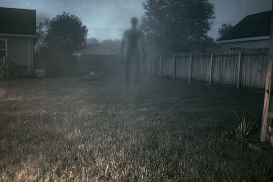 Eerie silhouette of a tall humanoid figure standing in a dark suburban backyard at night time