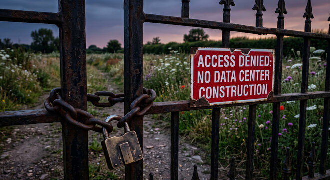 Heavy iron factory gate secured tightly with a thick chain and padlock. A red enamel warning plate declares "ACCESS DENIED: NO DATA CENTER CONSTRUCTION" at dusk.