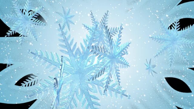 Snowflake Winter Transition Animation with 3D Ice Crystals Zooming on Black Background