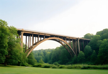 Naklejka premium Infrastructure and transportation development, large concrete arch bridge spanning over a lush green forest valley with clear sky and natural landscape