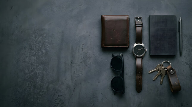 Men's accessories flat lay on dark background
