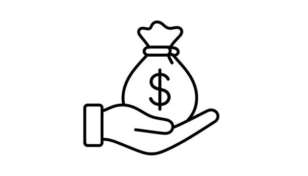 Hand holding money bag line icon isolated on white background, financial assistance and wealth management concept, investment funding symbol, savings and personal finance illustration, business capita