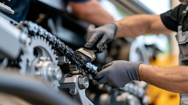 Close-up of a technician's gloved hands lubricating the chain and rollers inside an open escalator truss, grease brush, mechanical gears and steel components, shallow depth of fiel