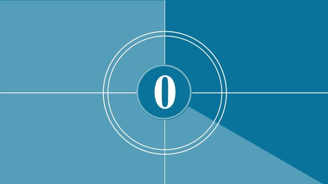 A captivating and dynamic old film countdown with numbers 3, 2, 1, and 0 in a classic white circle against a vibrant blue and light blue background, creating a vintage motion picture effect.