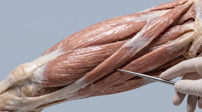 Close up of human forearm muscles and tendons with a dissection tool and gloved hand