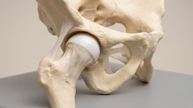 Close up of a human hip joint model showing bones ligaments and cartilage