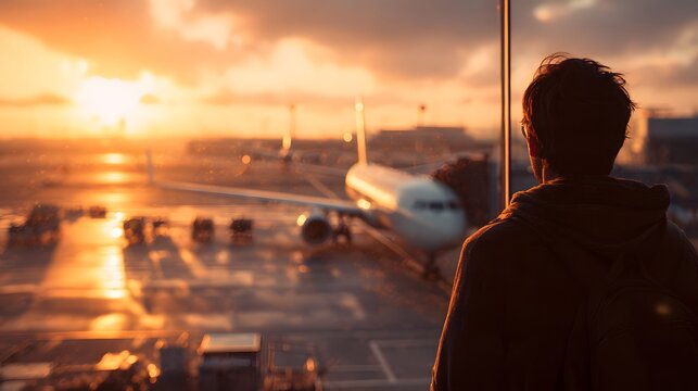 A traveler watches an airplane parked on the tarmac during a vibrant golden hour sunset at airport
