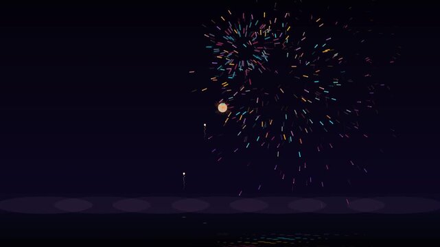 Abstract firework display with glowing colorful light streaks and particles