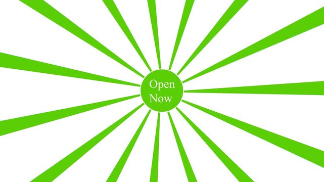Dynamic radial background with bright green and blue stripes emanating from center circle with text open now animation.