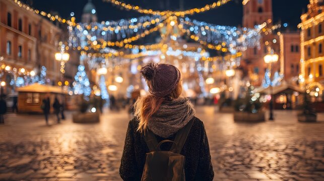 A traveler standing in a European city square illuminated by festive Christmas holiday lights