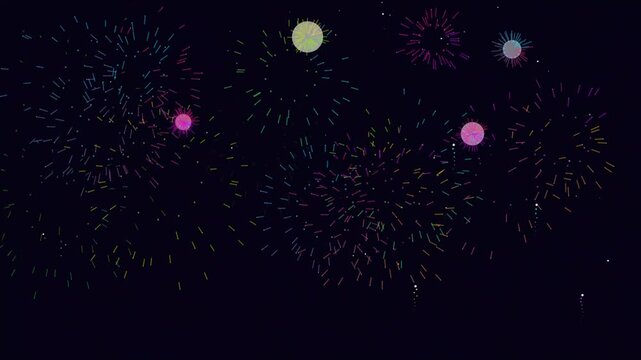 Abstract digital fireworks display with glowing circular particles and geometric lines