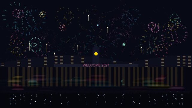 Flat vector illustration of new year 2027 celebration with fireworks over city skyline